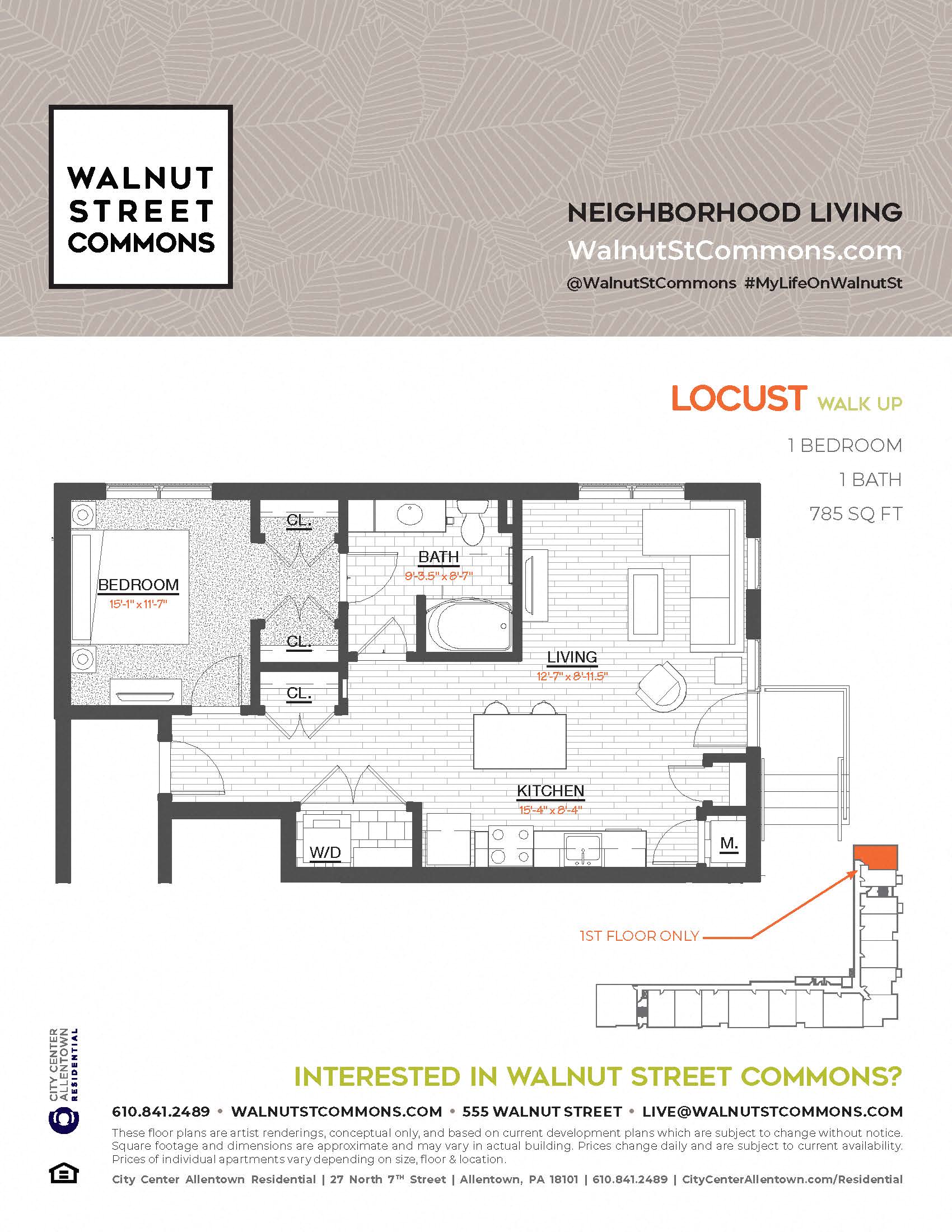 Floor plan for 1 bed, 1 bath, 785 sqft